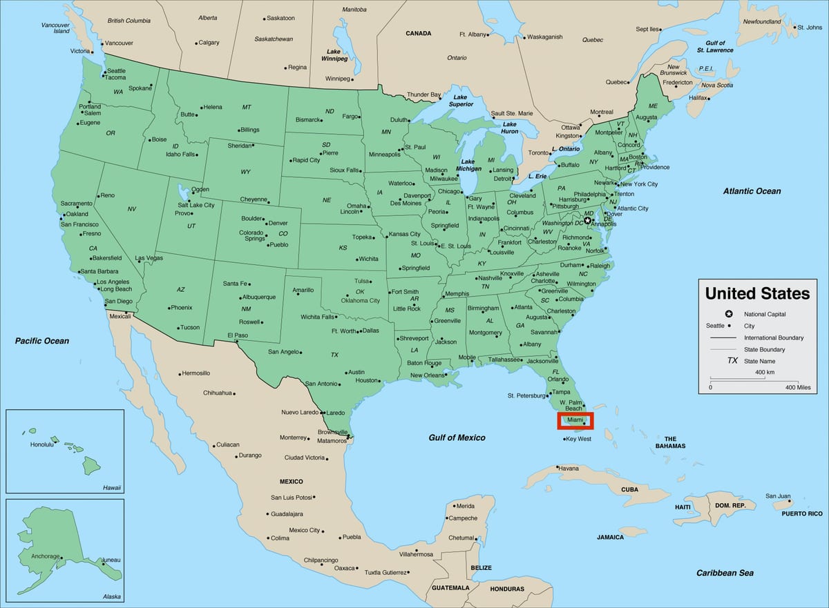 マイアミのアメリカの地図